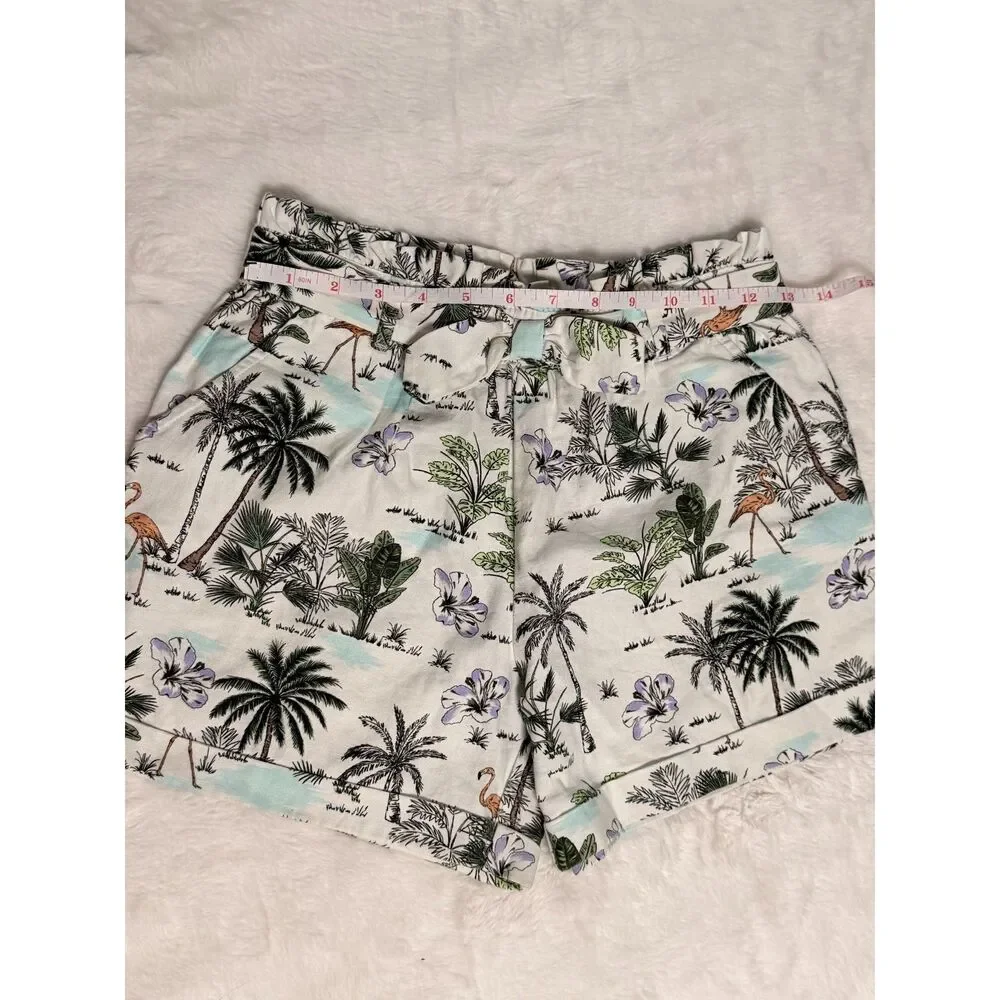 Janie and Jack White Tropical Palm Print Cotton Smocked Shorts Flamingo Girls 12